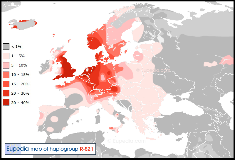 Distribution of Haplogroup R1b-S21 (U106) in Europe