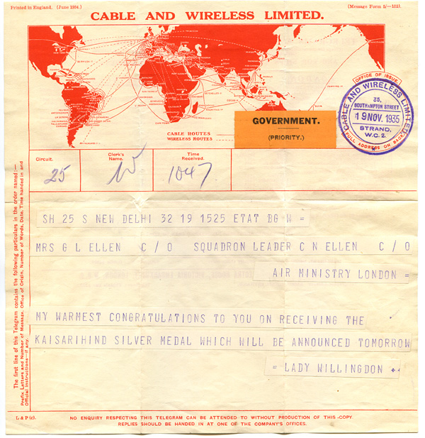 Telegram to Gladys Ellen announcing the award of the Kaisar-i-Hind Silver Medal Telegram to Gladys Ellen announcing the award of the Kaisar-i-Hind Silver Medal