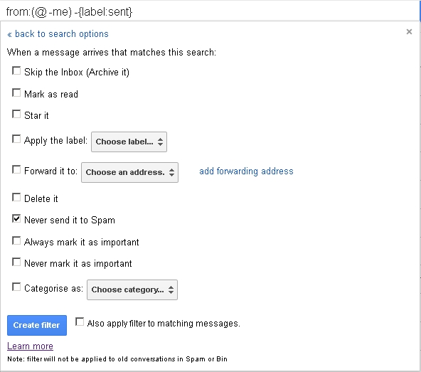 Gmail filter settings